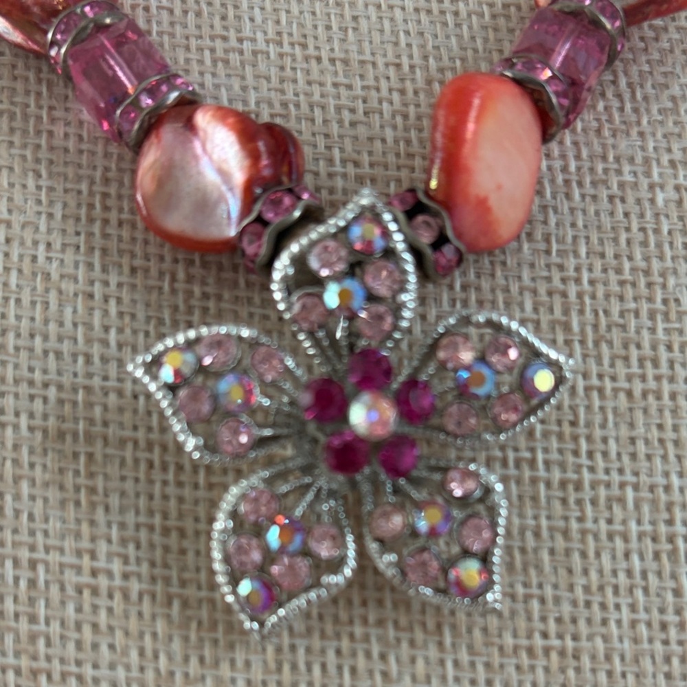 Elegant Pink and Orange Stone Floral Necklace 9” - Picture 3 of 9